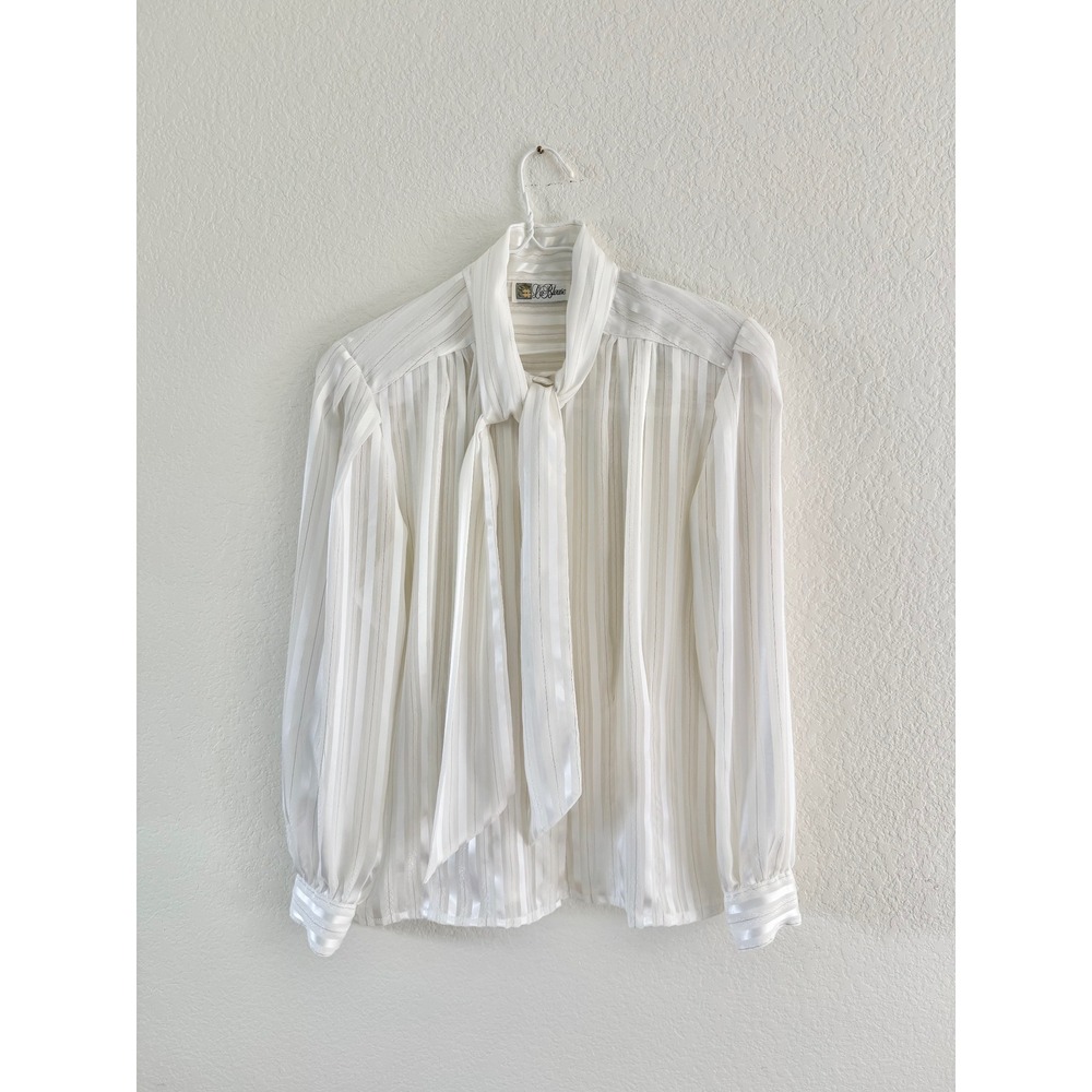 La Blouse Tie Neck Blouse Womens 16 Ivory‎ Sheer Satin Stripe Metallic Vintage